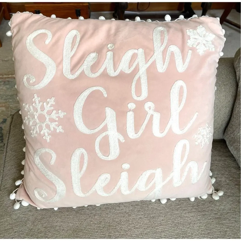 Pink Velour “Sleigh Girl Sleigh“ Christmas Goose Down Pillow w Ball Fringe 19x19
